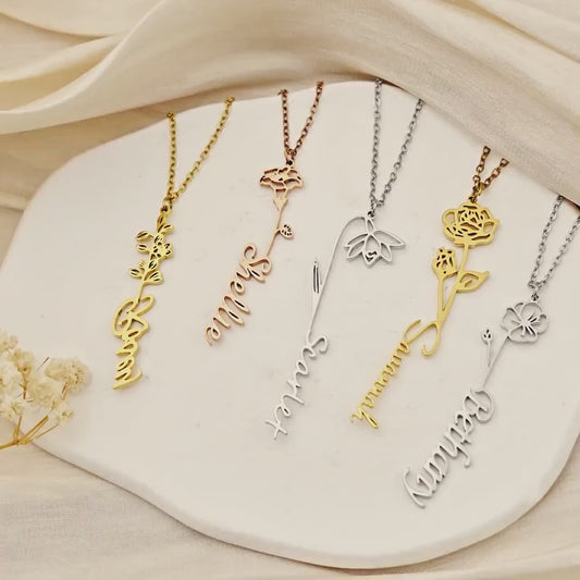 Gift for Mom - Custom Name Necklace with Birth Flower - Dainty Birth Flower Jewelry - Personalized Flower Necklace with Name