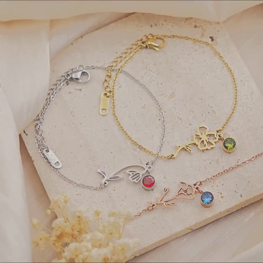 Personalized Birth Flower Bracelet with Birthstone - Floral Jewelry Dainty Flower Charm Bracelet - Handmade Gifts Flower Bracelet for Her